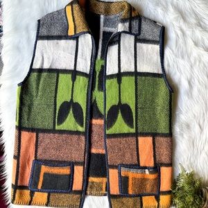 Vintage Wool Open Collar Vest Aztec Southwest Color Block Boho Blue Green Orange